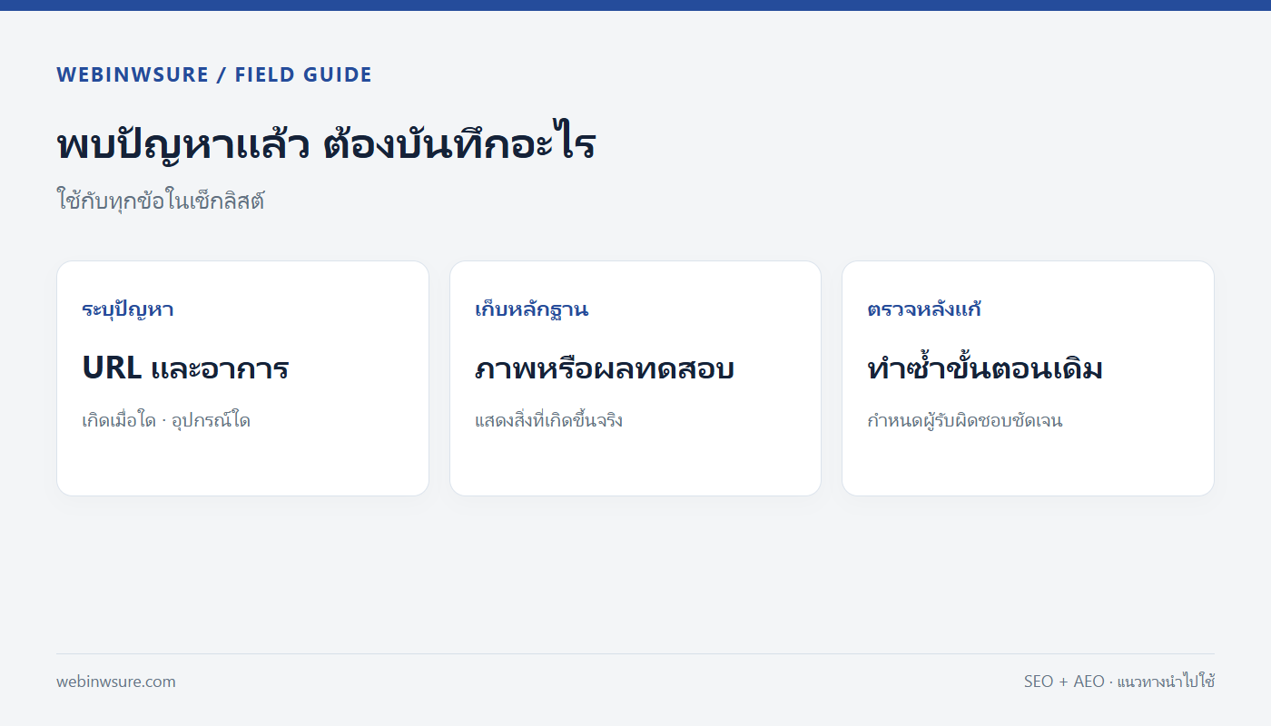 ข้อมูลที่ควรบันทึกเมื่อพบปัญหาเว็บไซต์ ได้แก่ URL และอาการ หลักฐาน และวิธีตรวจหลังแก้